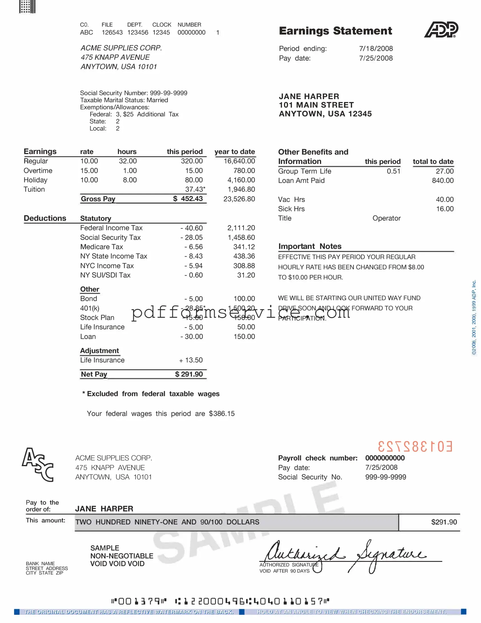 Free Adp Pay Stub PDF Form