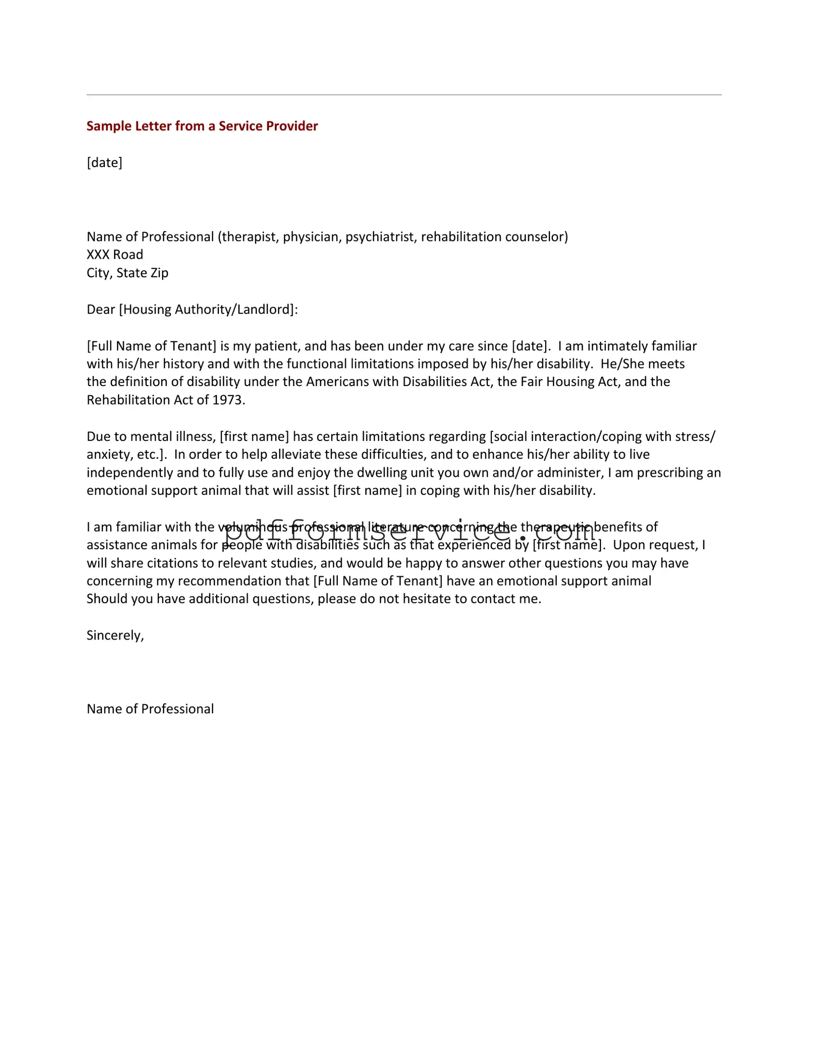 Free Emotional Support Animal Letter PDF Form