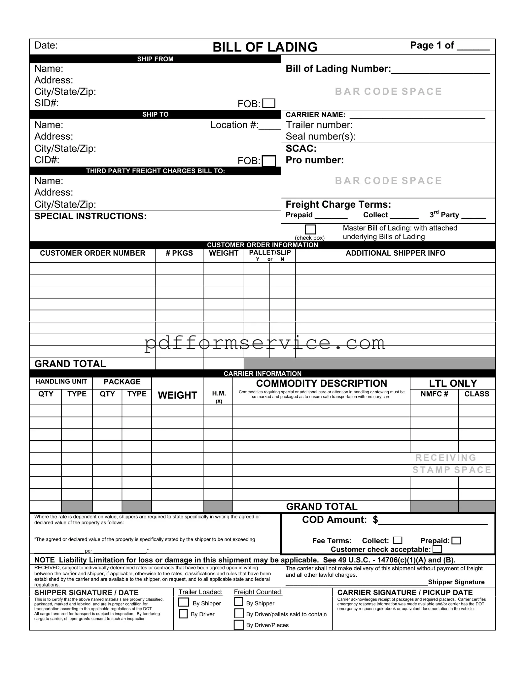 Free Bill of Lading with a Supplement PDF Form