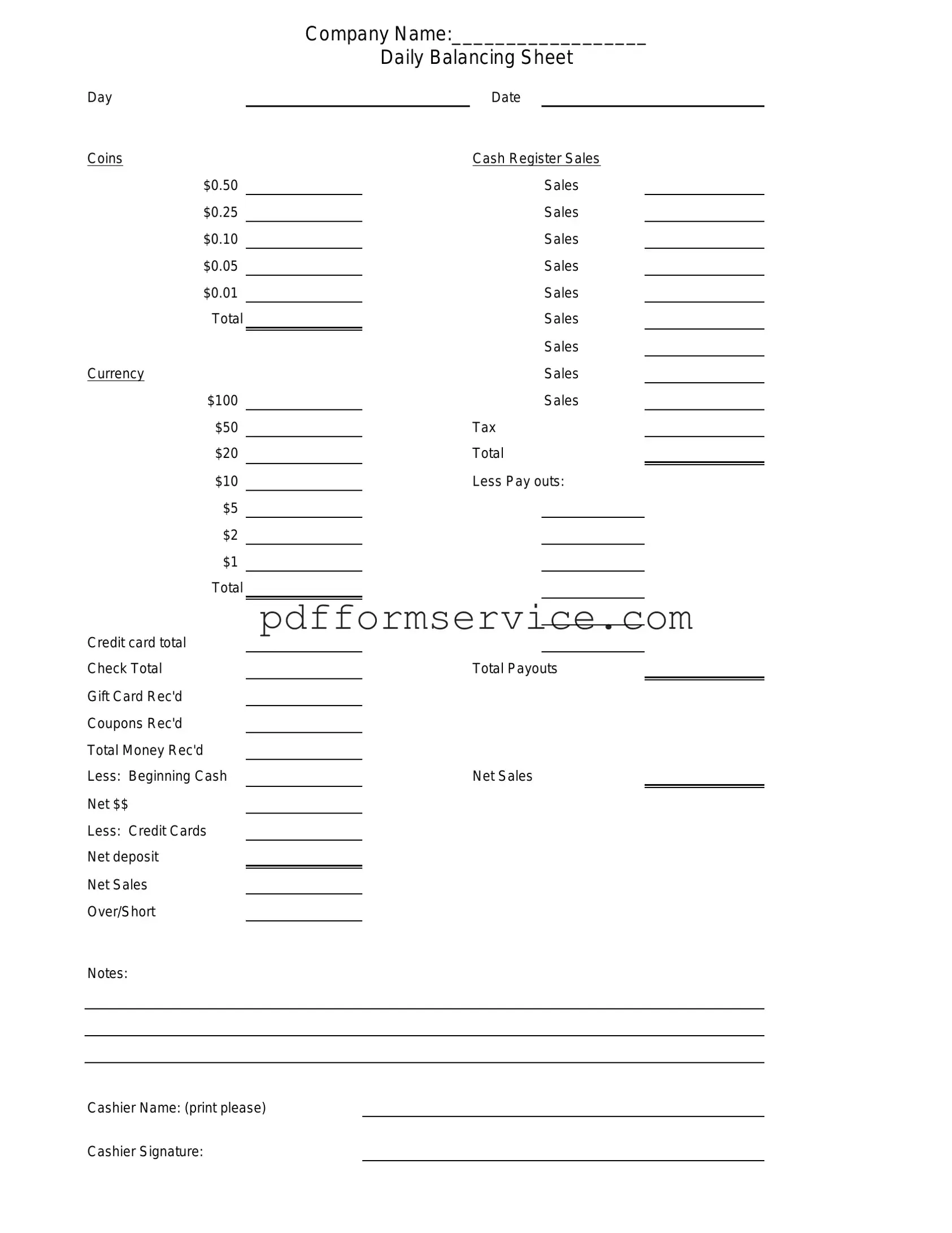 Free Cash Drawer Count Sheet PDF Form