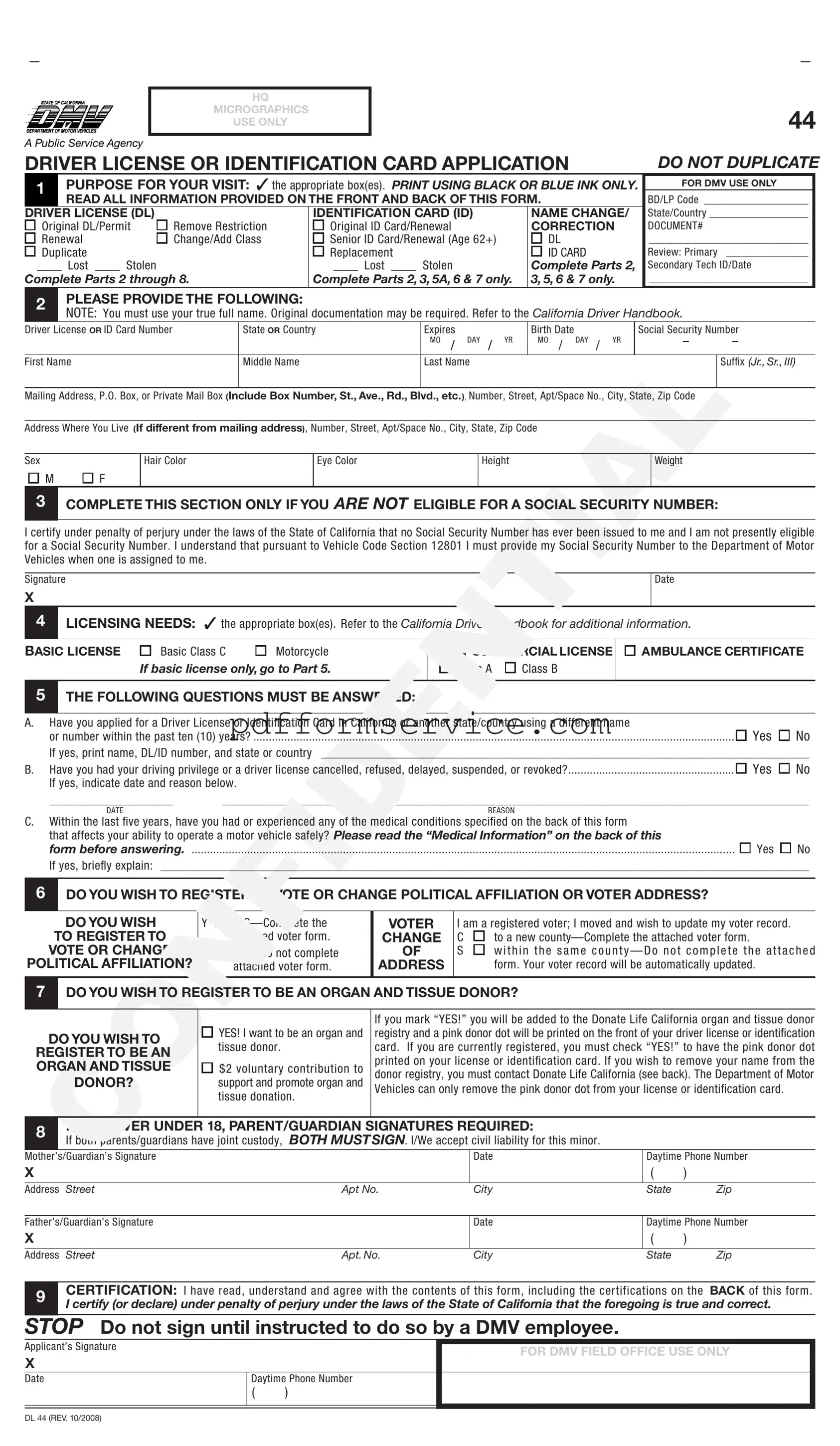Free Ca Dmv Dl 44 PDF Form