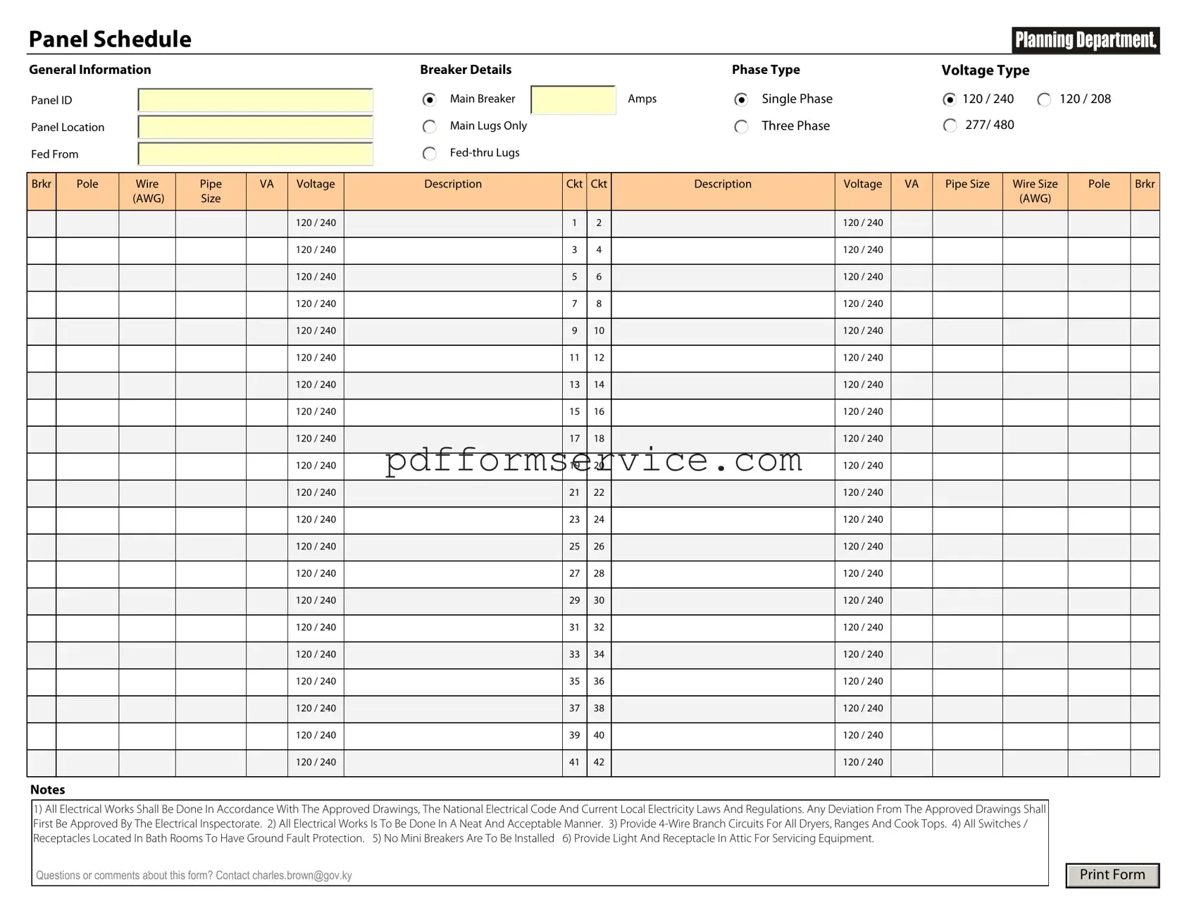 Free Electrical Panel Schedule PDF Form
