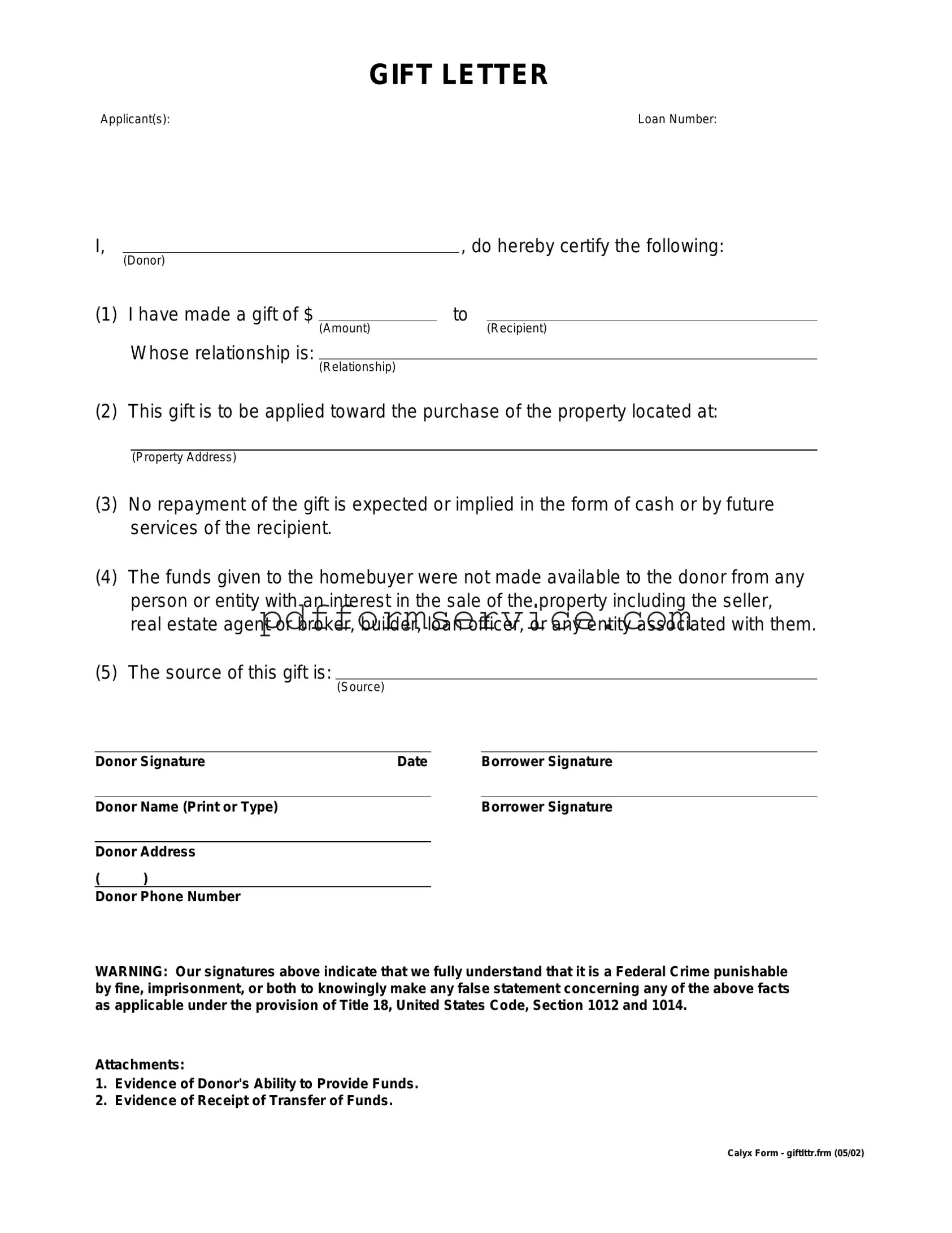 Free Gift Letter PDF Form