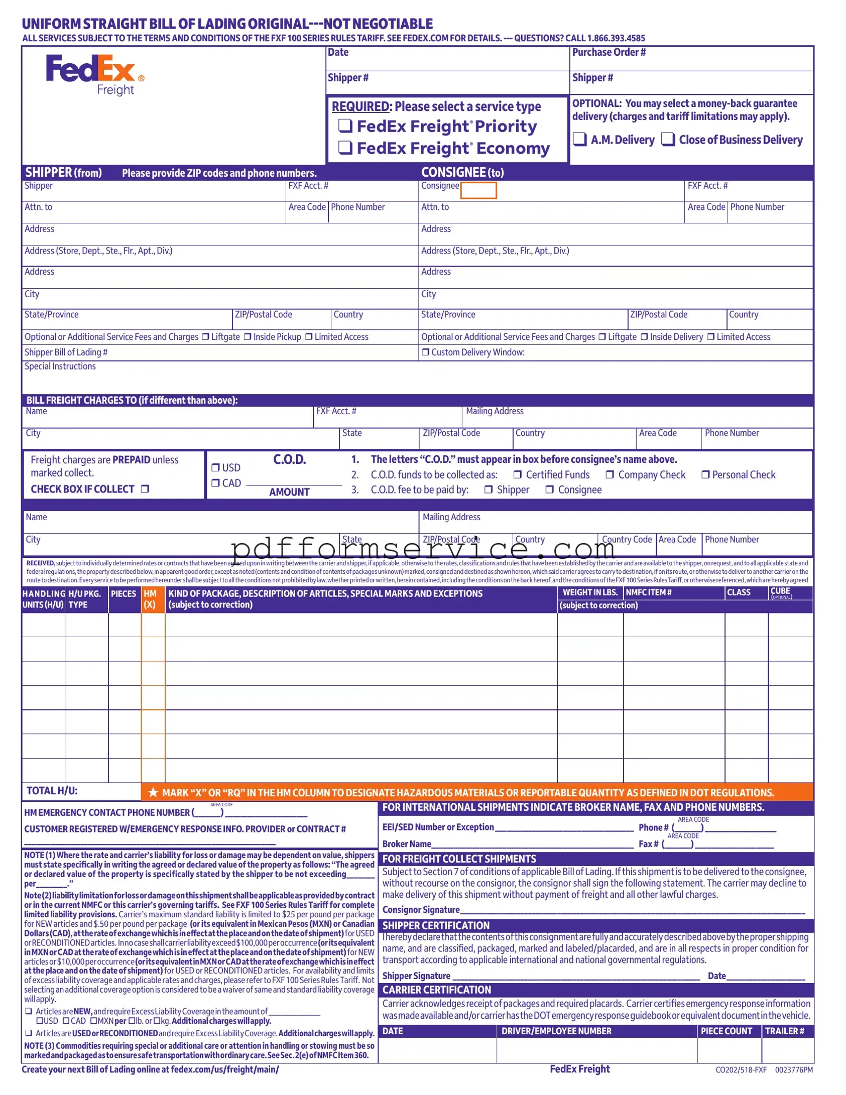 Free Fedex Bill Of Lading PDF Form