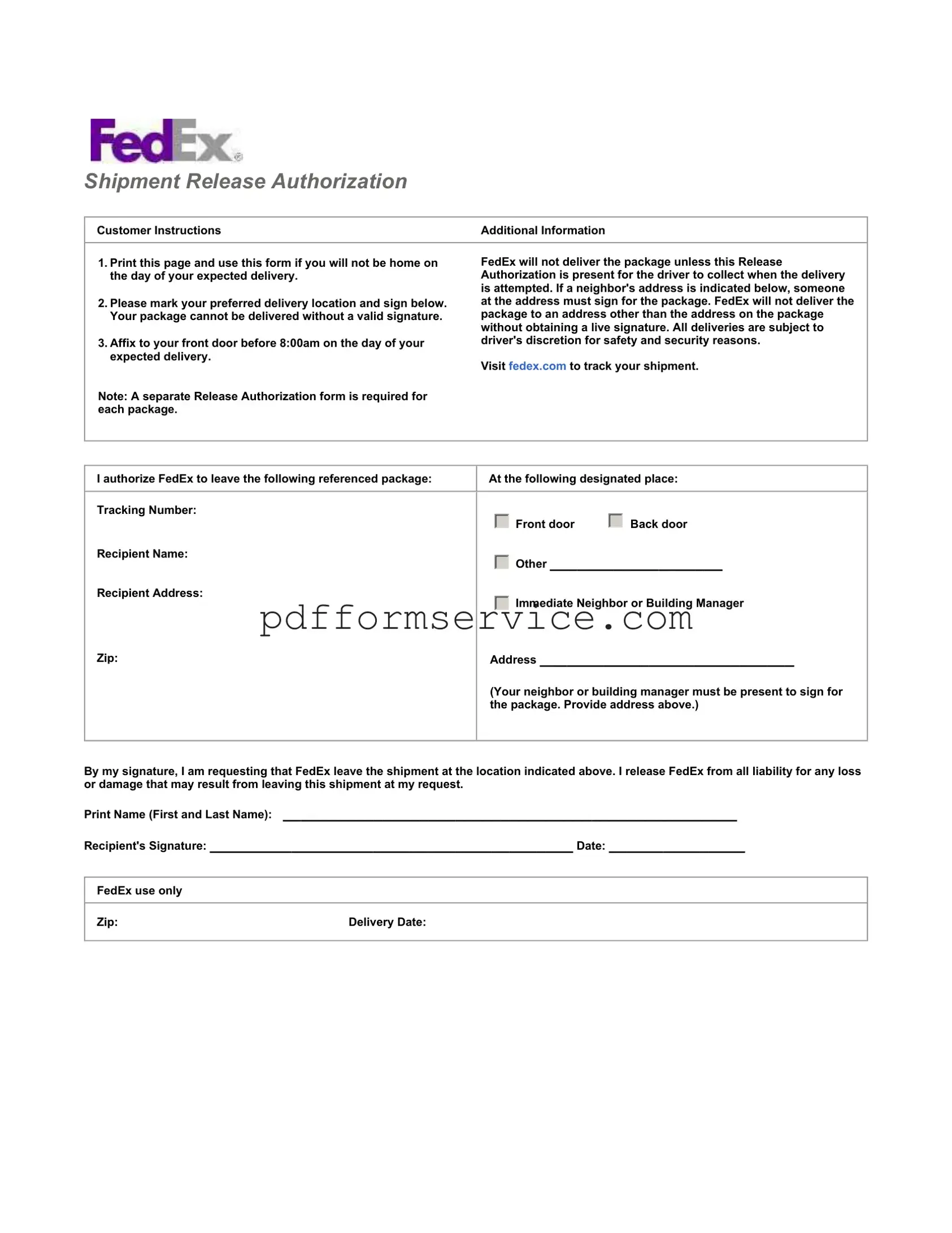 Free Fedex Release PDF Form