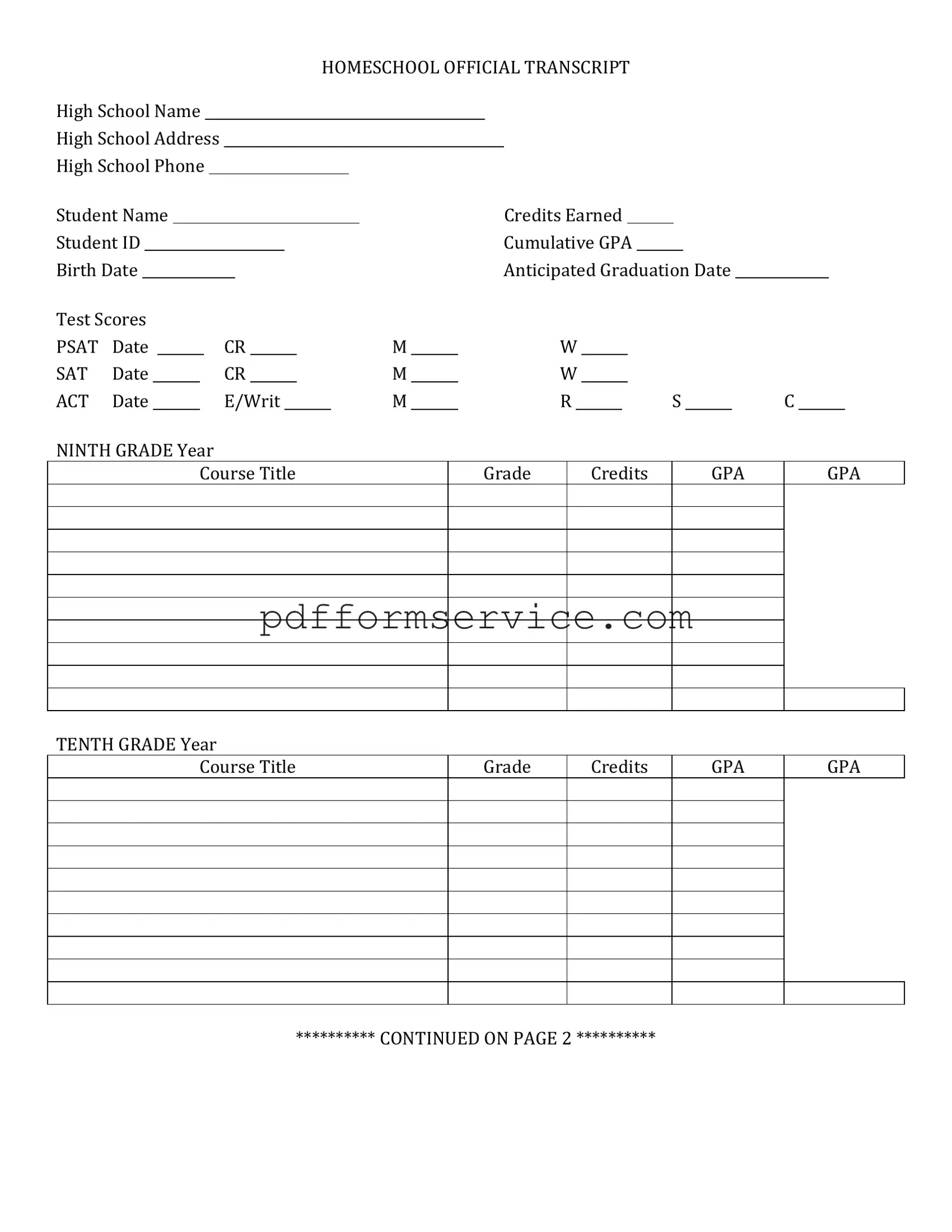 Free High School Transcript PDF Form