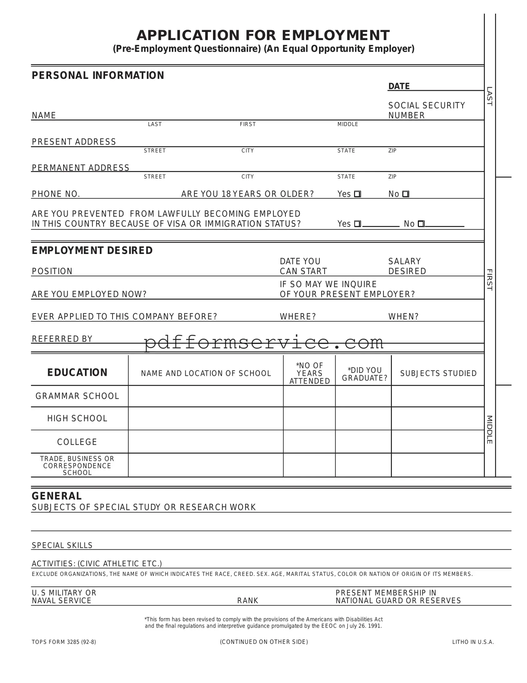 Free Employment Application Pdf PDF Form