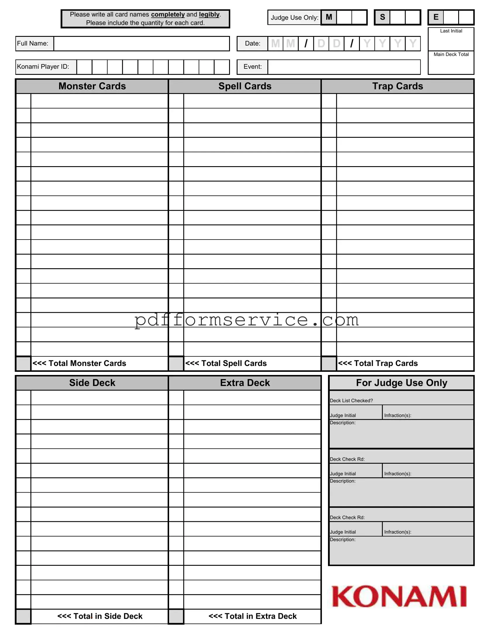 Free Konami Decklist PDF Form