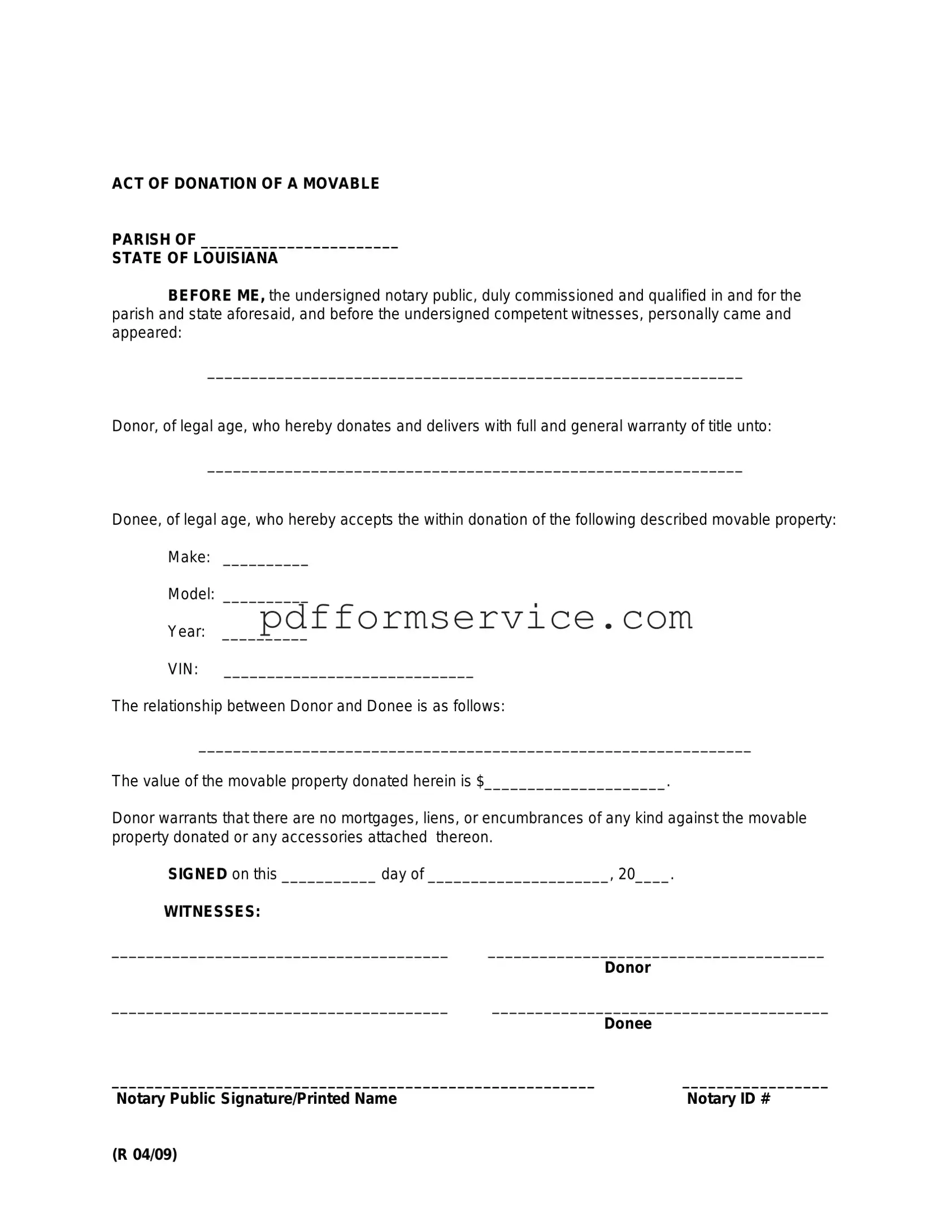 Free Louisiana act of donation PDF Form