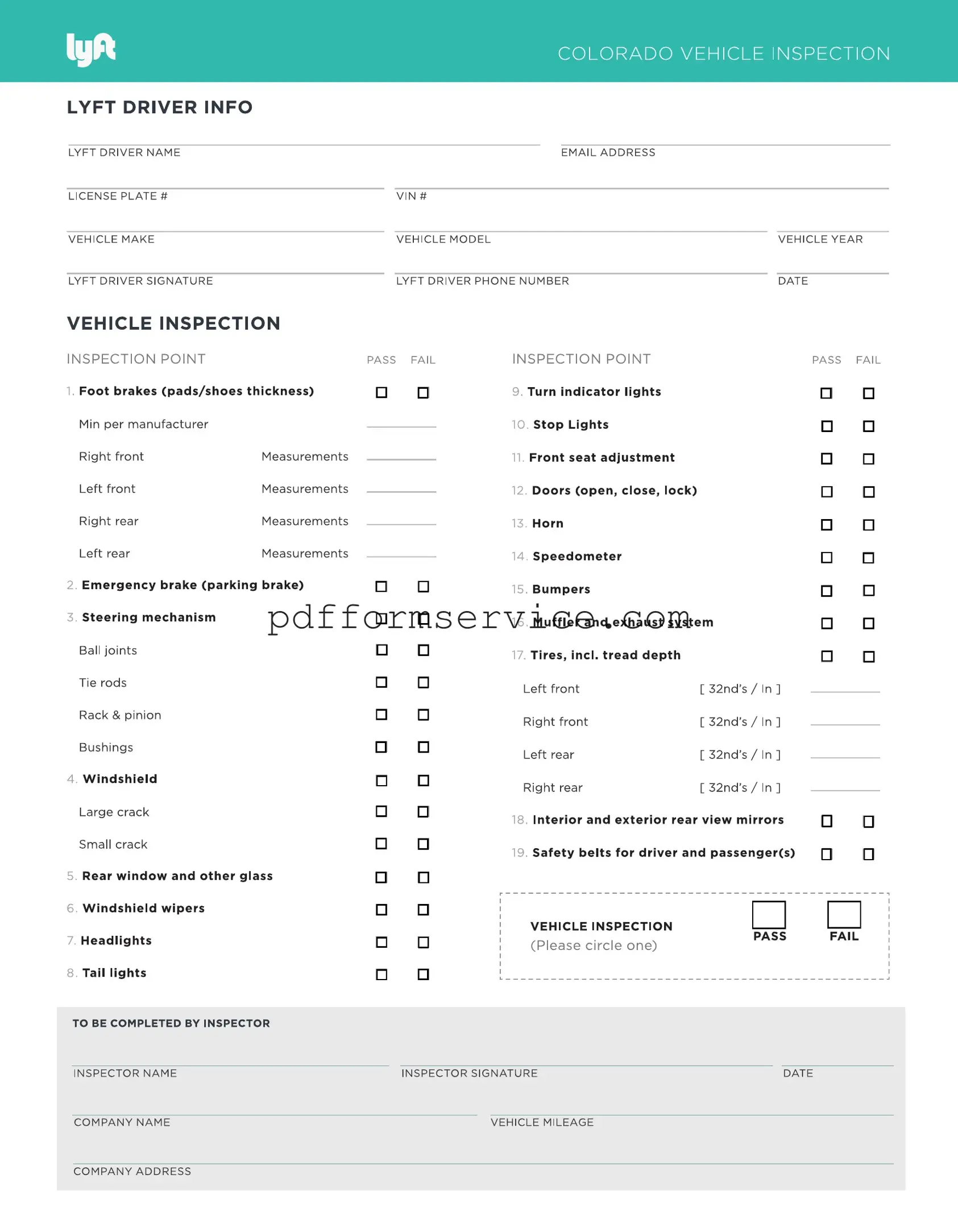 Free Lyft Inspection PDF Form