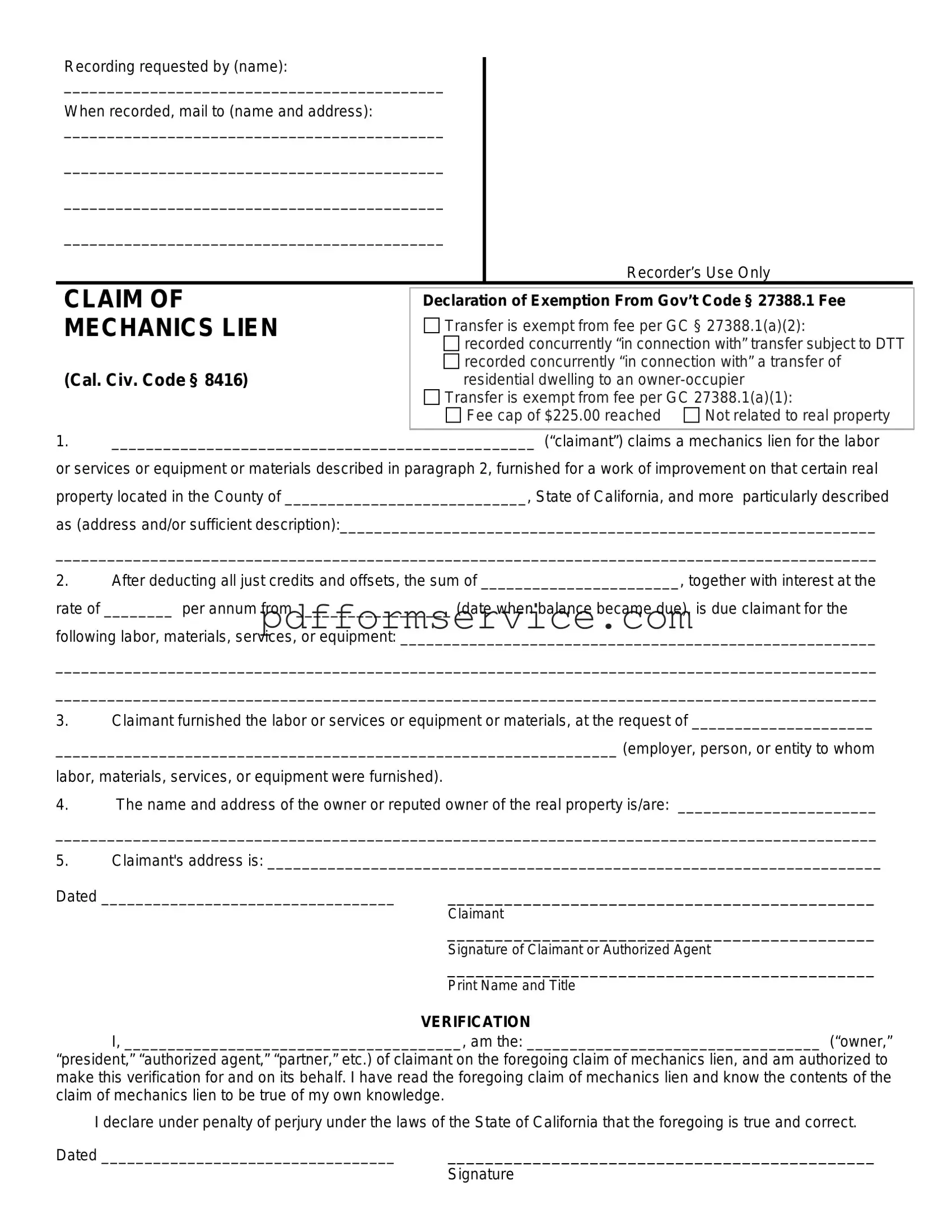 Free Mechanics Lien California PDF Form