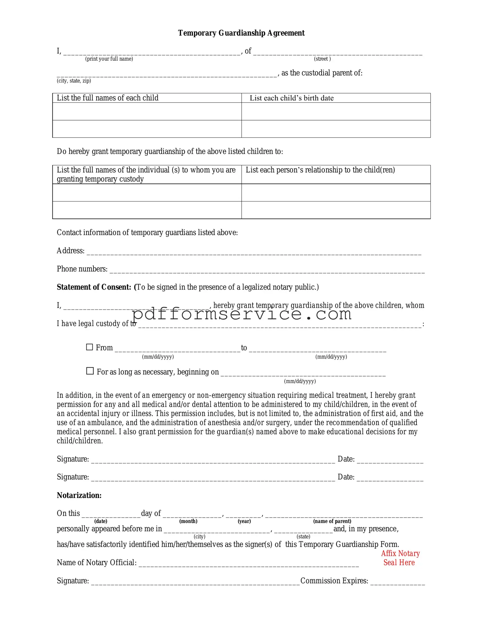 Free Temporary Custody PDF Form
