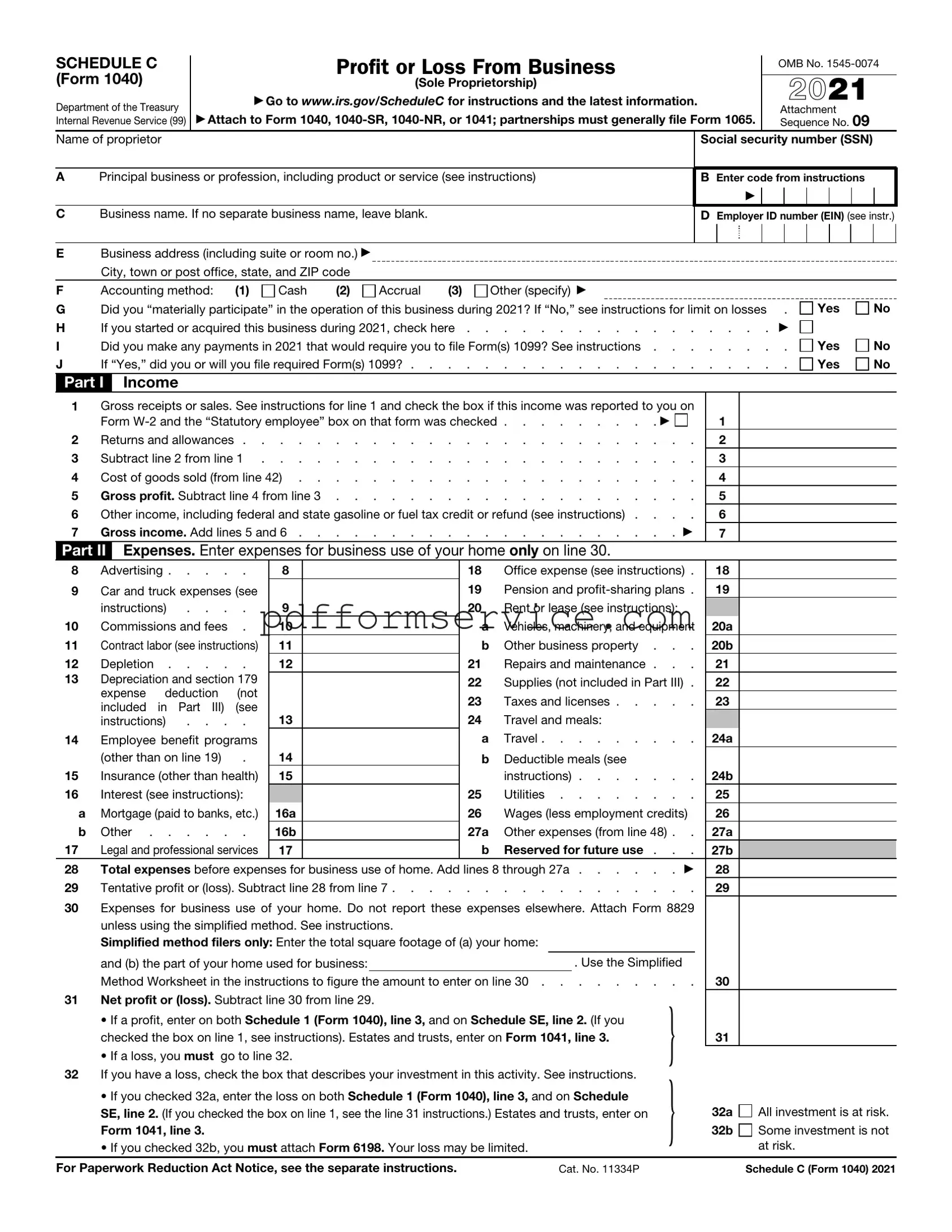 Free IRS Schedule C 1040 PDF Form