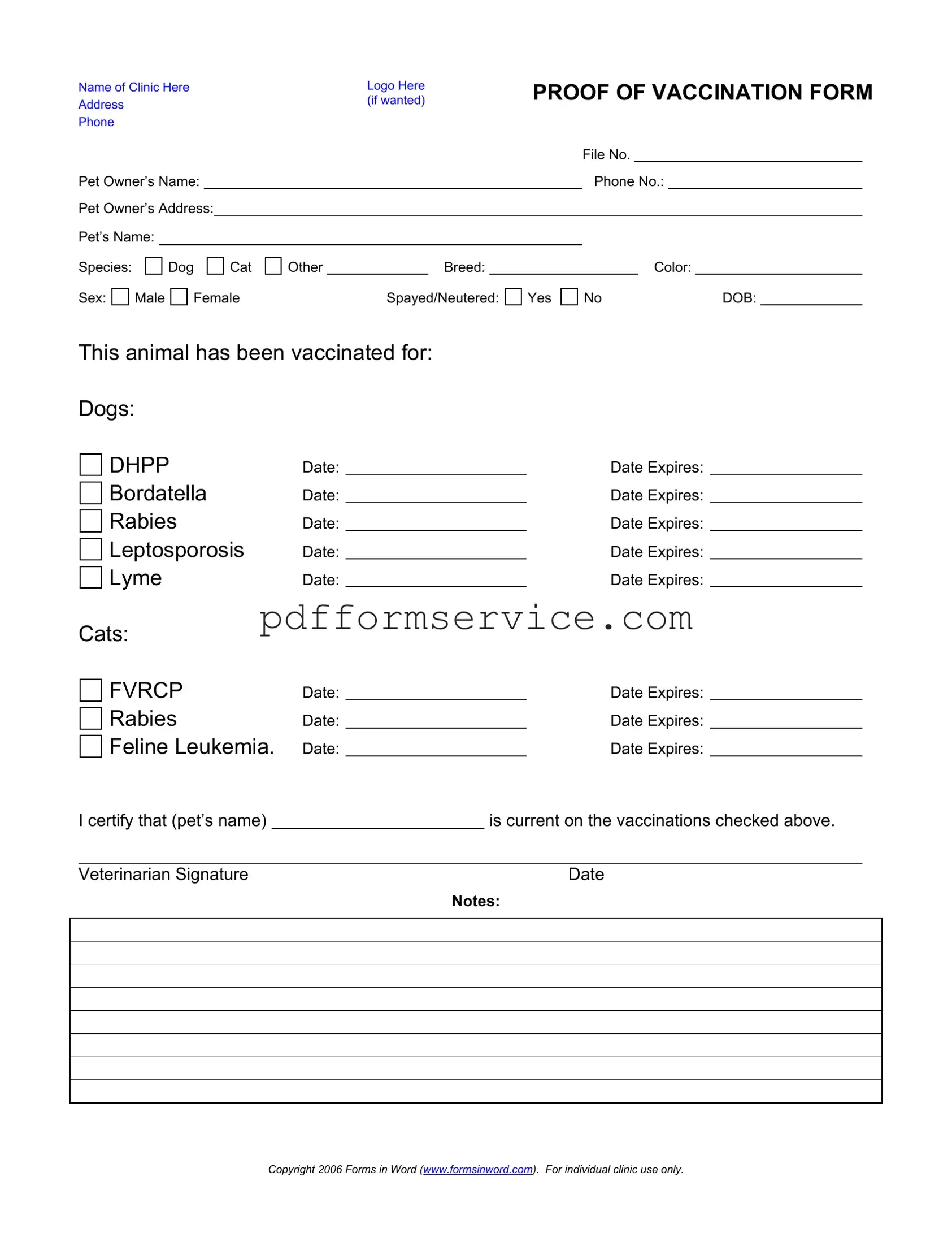 Free Proof Of Vaccination Dog PDF Form