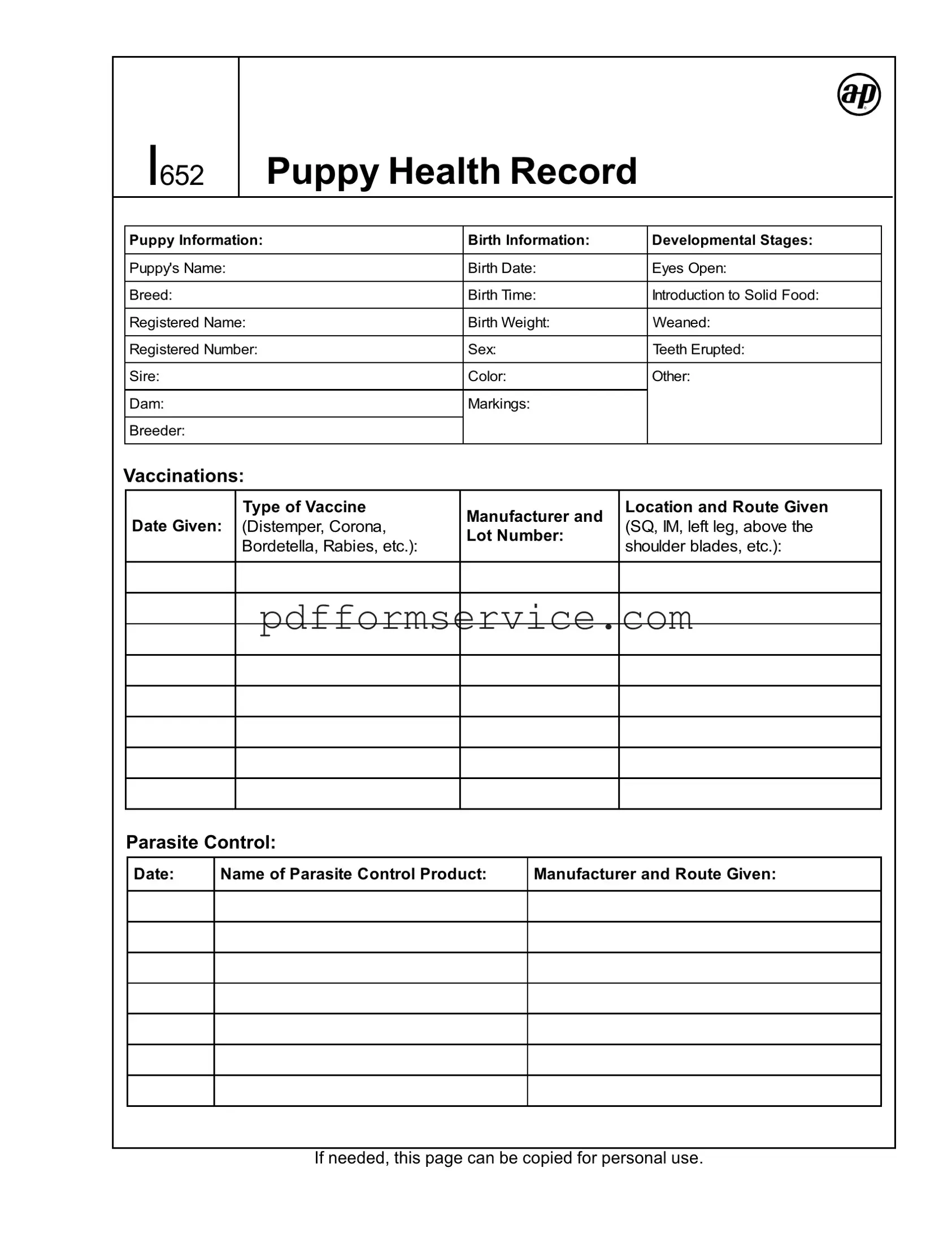 Free Puppy Health Record PDF Form