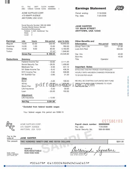 Free Adp Pay Stub PDF Form