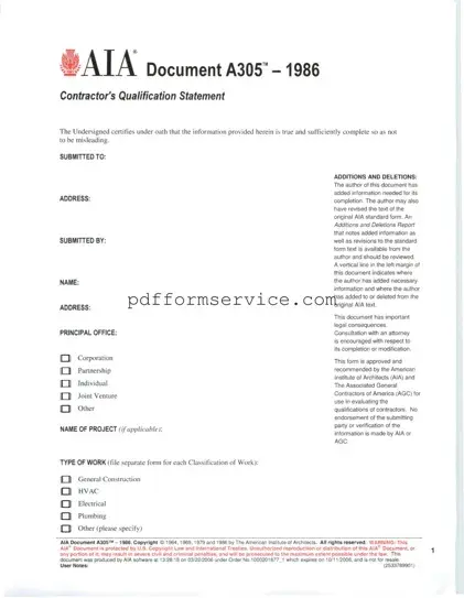 Free AIA A305 PDF Form