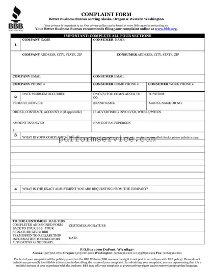 Free Bbb Complaint PDF Form