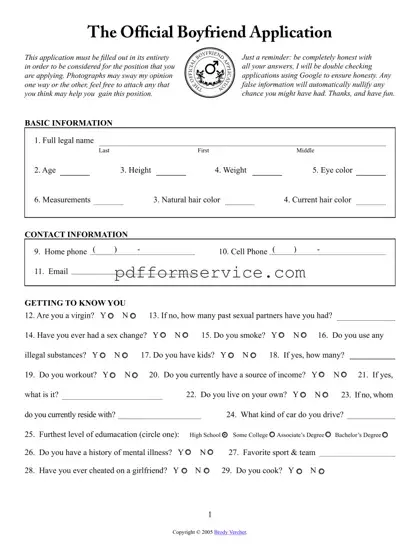 Free Boyfriend application form PDF Form