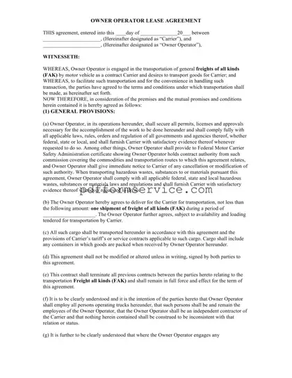 Free Owner Operator Lease Agreement PDF Form