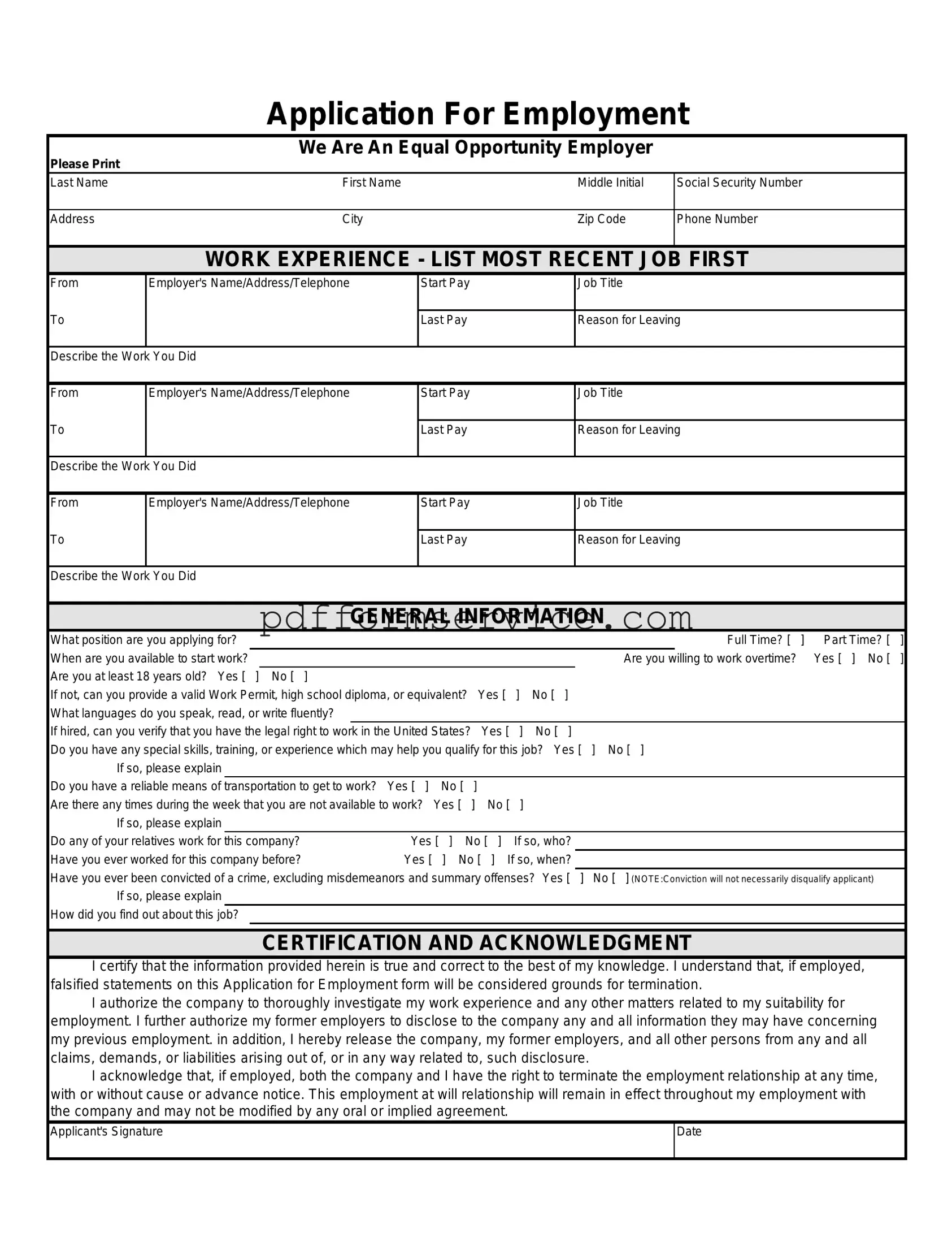 Free Spanish Application Employment PDF Form
