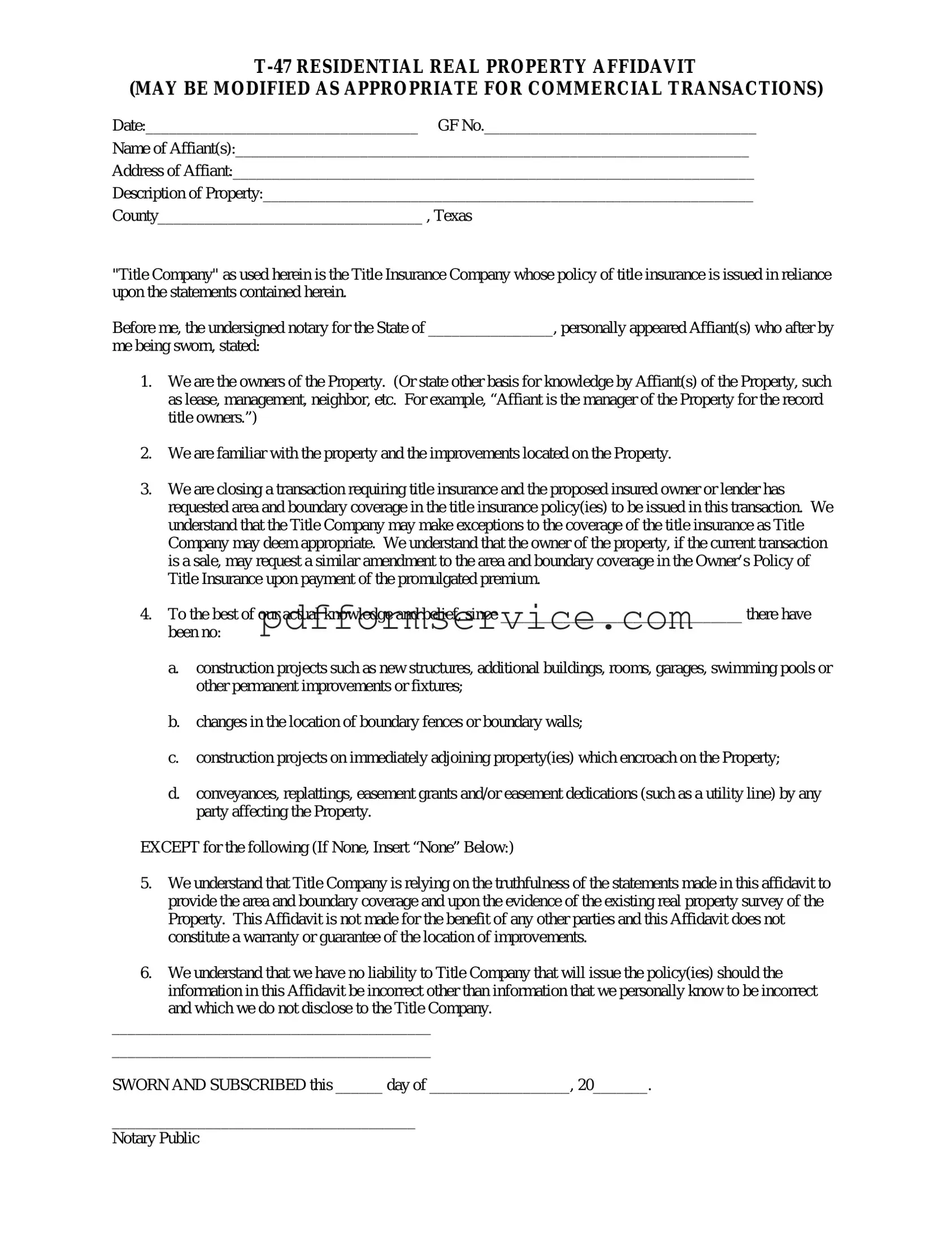 Free Texas residential property affidavit T-47 PDF Form