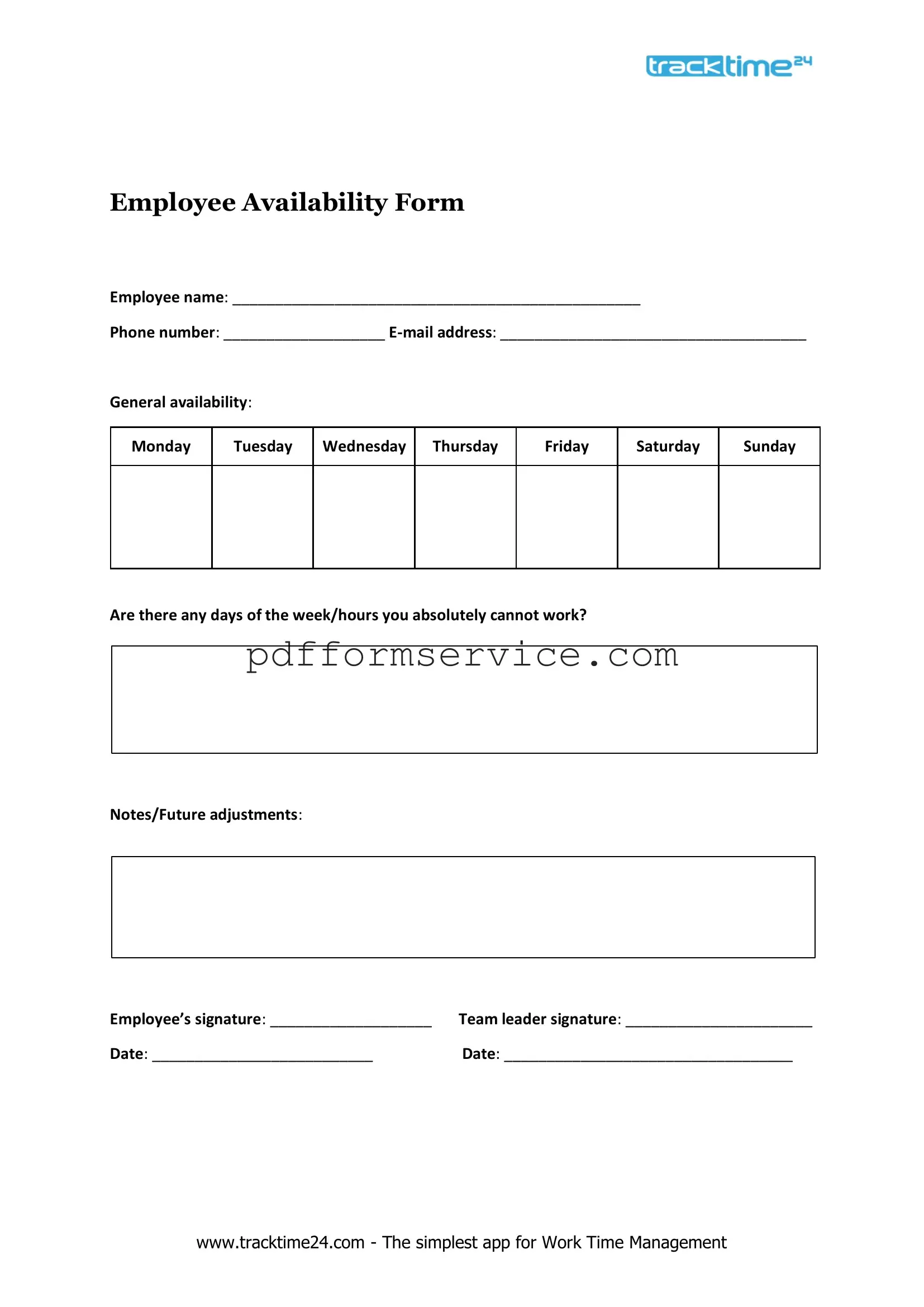 Free Employee Availability PDF Form