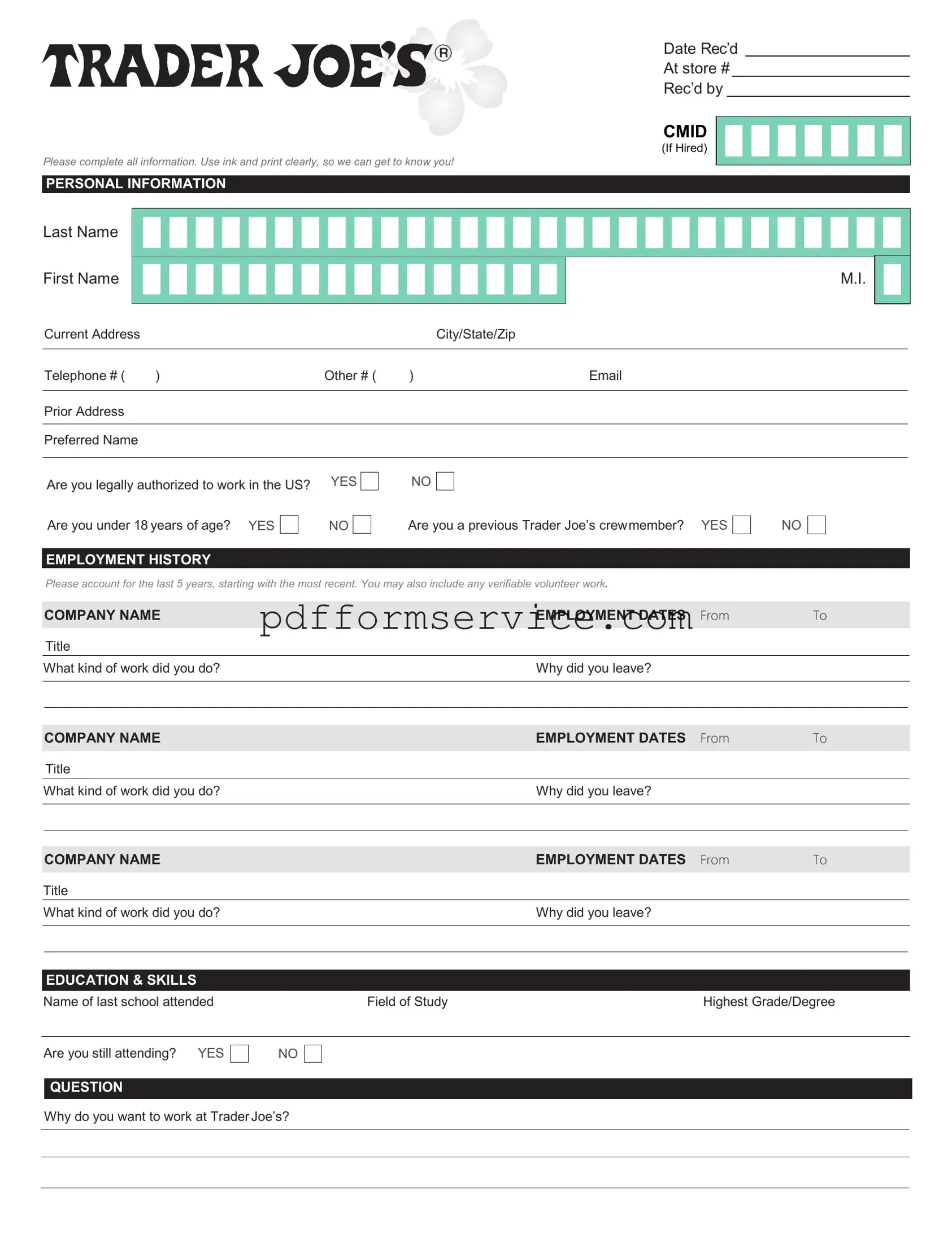 Free Trader Joe's application PDF Form